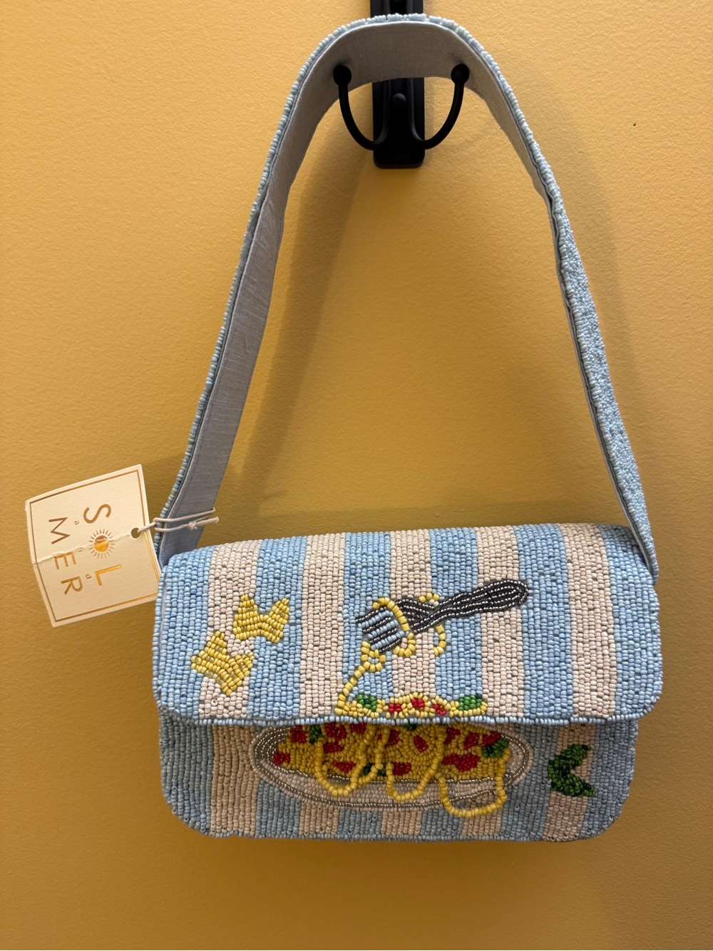 Sol & Mer hand beaded purse pasta fork tomato Blue & Cream NWT TIK TOK Viral